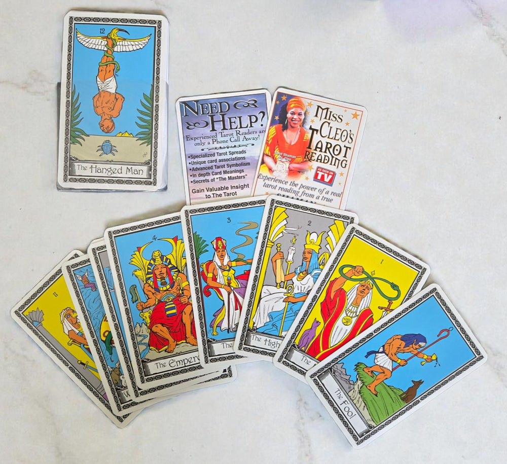 Miss Cleo Tarot Power Deck cards showing Egyptian art style Rider-Waite design from 2001 Psychic Readers Network