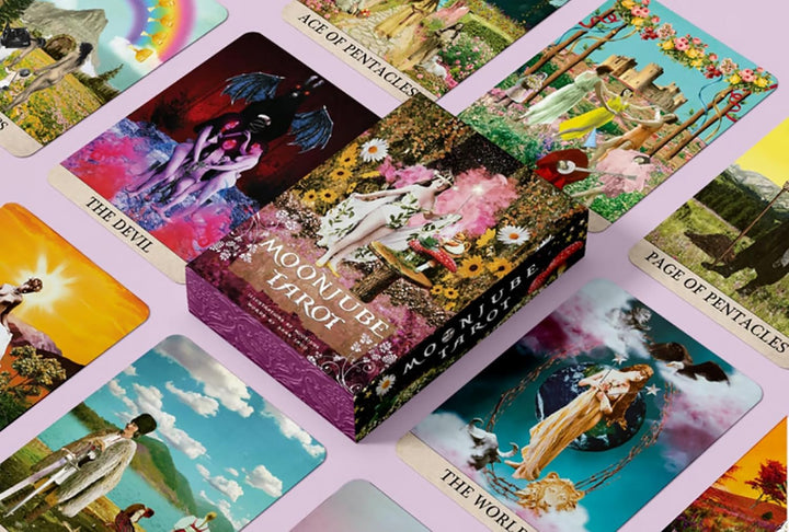Moonjube Tarot Deck box with spread of 78-card Aquarian art tarot cards by Donna Outtrim