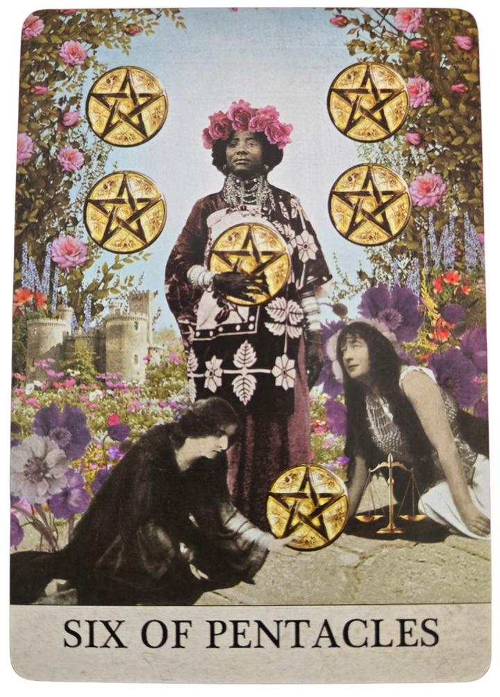 Six of Pentacles card example from the Moonjube Tarot Deck, Aquarian collage art by Donna Outtrim