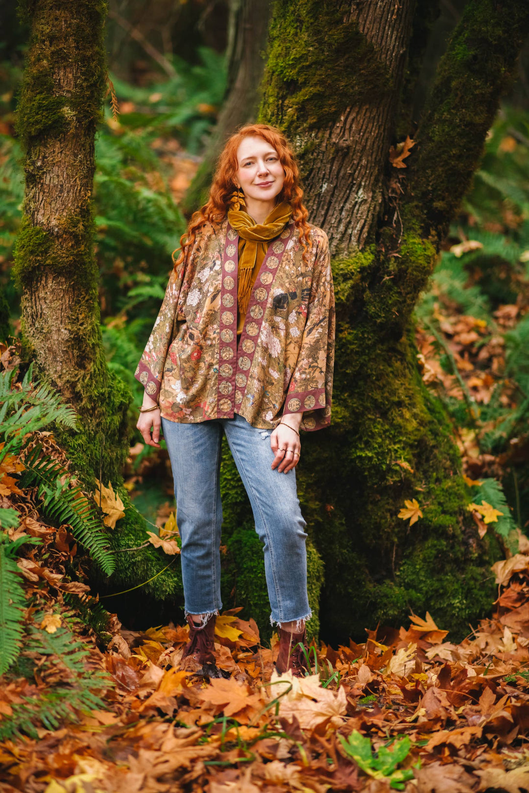 Model wearing the Dream Weaver Pixie Duster Mucha Zodiac kimono — one size, length 60cm