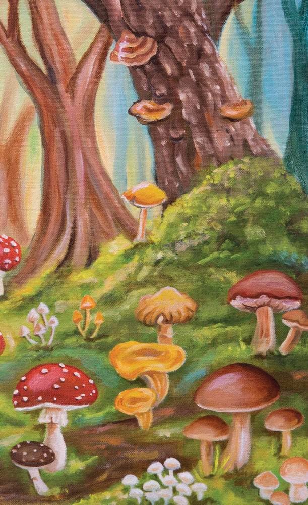 Detail of hand-painted forest floor back of card artwork from the Mushroom Folk Oracle showing a diverse array of mushroom species including Amanita muscaria, golden chanterelles, and brown caps growing among mossy tree roots