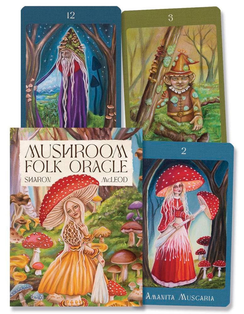 Mushroom Folk Oracle deck box by Sharon McLeod with three illustrated cards fanned out in front showing hand-painted oracle card artwork, published by Blue Angel