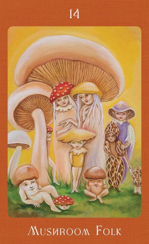 Mushroom Folk Oracle card 14 — Mushroom Folk — featuring whimsical hand-painted mushroom people characters by Sharon McLeod