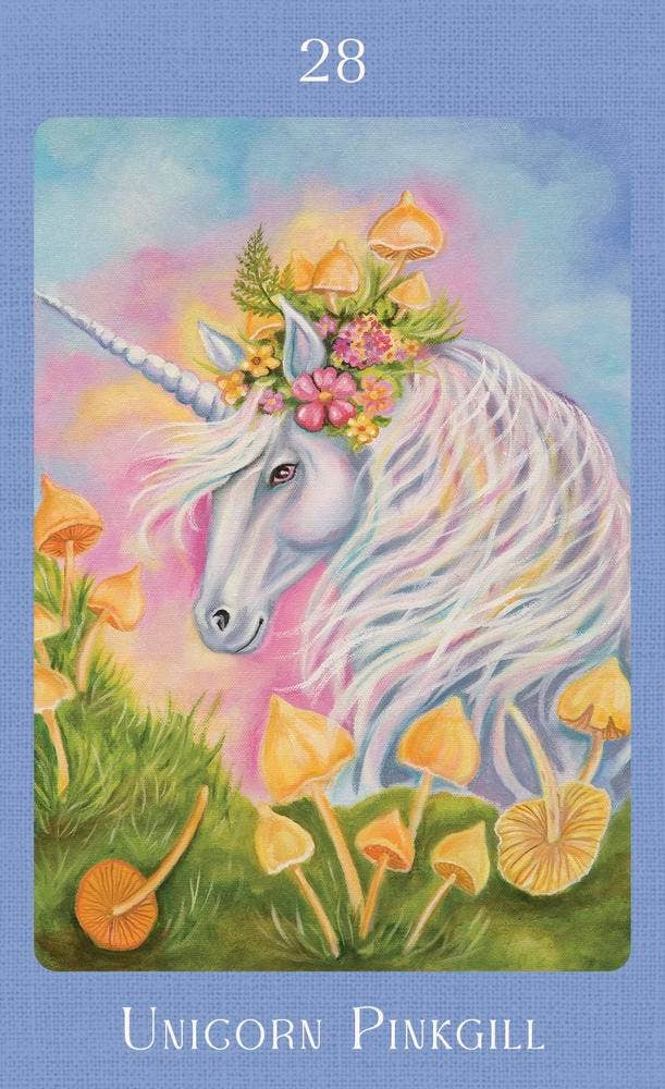 Mushroom Folk Oracle card 28 — Unicorn Pinkgill — featuring a hand-painted unicorn illustration by Sharon McLeod in the artist&