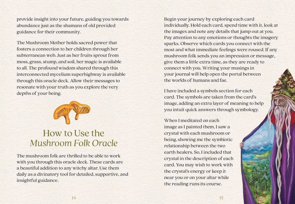 Mushroom Folk Oracle 192-page guidebook interior spread pages 14–15 showing "How to Use the Mushroom Folk Oracle" instructions with the Mushroom Man illustration at right