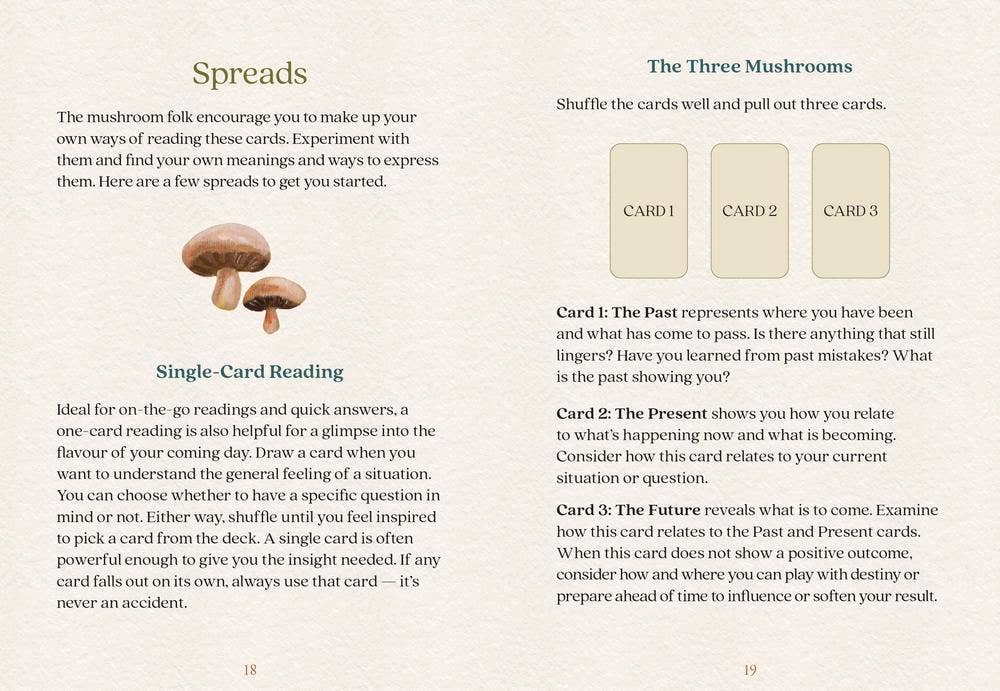 Mushroom Folk Oracle guidebook pages 18–19 showing the Single-Card Reading and Three Mushrooms spread instructions with card position diagrams for past, present, and future