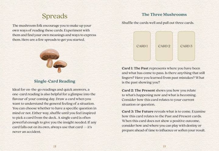 Mushroom Folk Oracle guidebook pages 18–19 showing the Single-Card Reading and Three Mushrooms spread instructions with card position diagrams for past, present, and future