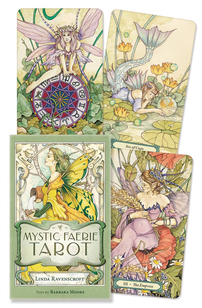 Mystic Faerie Tarot 78-card watercolor deck and box by Linda Ravenscroft with 80-page booklet by Barbara Moore, published by Llewellyn Worldwide