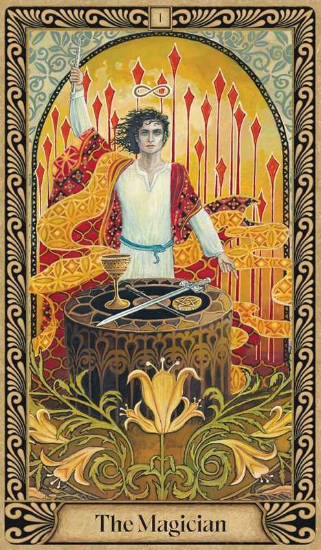 Sample Magician card from Mystic Psyche Tarot deck with vibrant mythological psychedelic art nouveau imagery