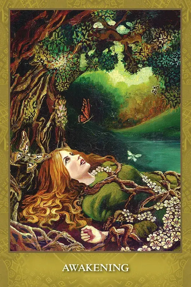 Awakening card from Mystic Sisters Oracle, showing a woman resting among tree roots and white flowers beside a woodland stream.