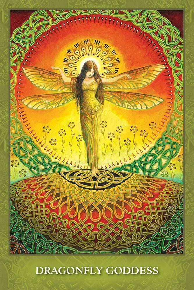 Dragonfly Goddess card from Mystic Sisters Oracle, depicting a winged woman against a golden sun surrounded by green Celtic knotwork.