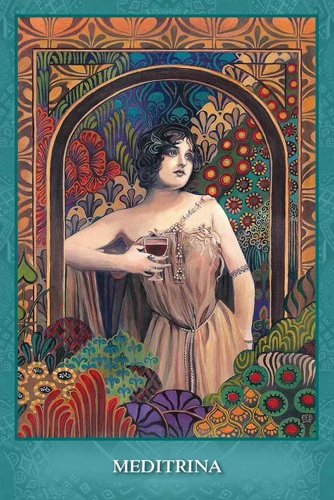 Meditrina card from Mystic Sisters Oracle, featuring a dark-haired woman holding a glass of red wine amid colorful floral patterns.