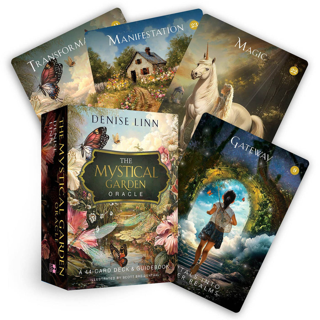 Mystical Garden Oracle deck box and cards by Denise Linn — oracle card deck with guided audio and video meditations