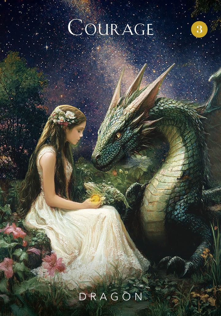 Courage card with woman and dragon from the Mystical Garden Oracle by Denise Linn — mystical oracle card deck