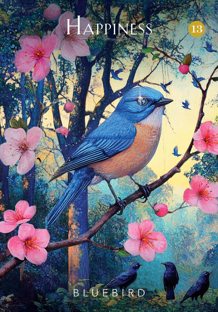 Happiness card with bluebird from the Mystical Garden Oracle by Denise Linn — nature oracle card deck