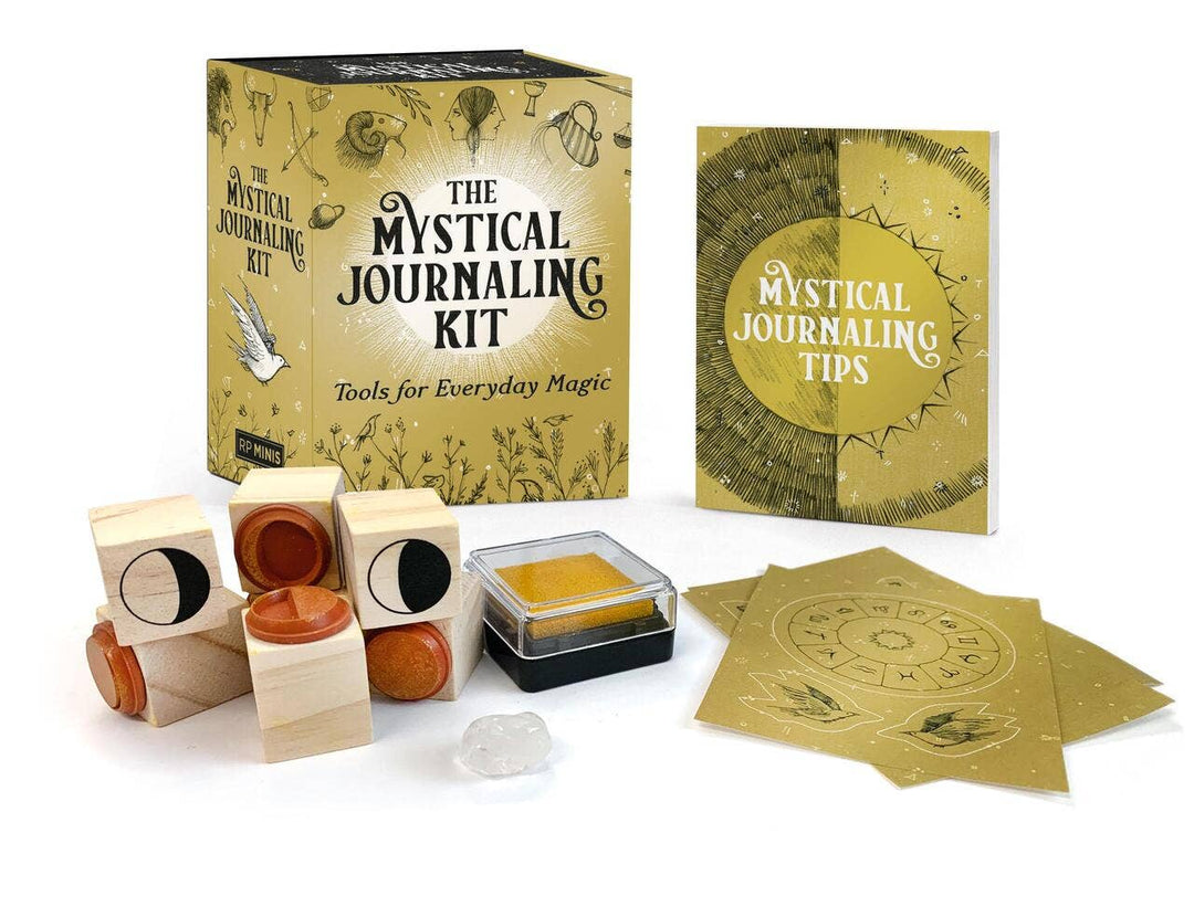 Mystical Journaling Kit by Maia Toll — contents including packaging box, moon phase stamps, gold ink stamp pad, and illustrated mini guide booklet