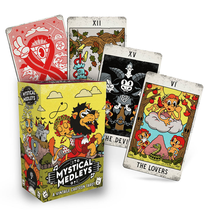 Complete Mystical Medleys tarot set with 78 cards, 2 bonus cards, and hardcover guidebook in 1930s animation style
