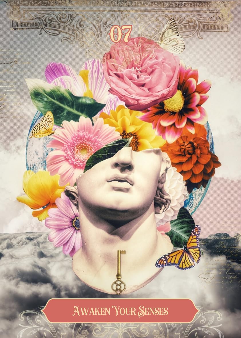Mystic's Imaginarium Oracle Card 07 — Awaken Your Senses, featuring a classical bust crowned with vibrant flowers and butterflies with a golden key
