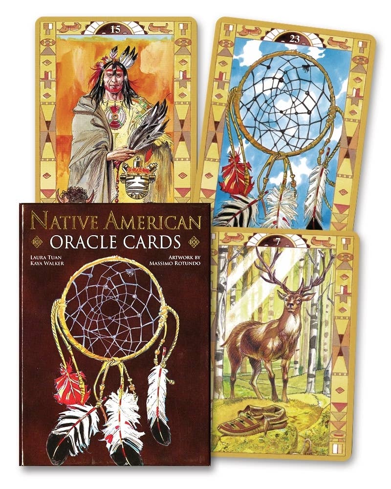 Native American Oracle Cards box and three sample cards showing a shaman, dreamcatcher, and stag — 32-card oracle deck by Lo Scarabeo, artwork by Massimo Rotundo