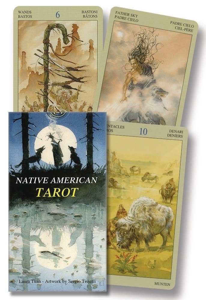 Native American Tarot box and three sample cards showing Six of Wands, Father Sky, and Ten of Pentacles with bison — 78-card tarot deck by Lo Scarabeo, artwork by Sergio Tisselli