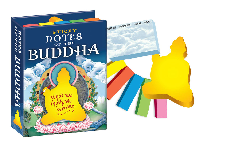 Notes of the Buddha booklet beside assorted sticky notes including golden Buddha shape cloud out of body out of mind just out notes and colored flag tabs