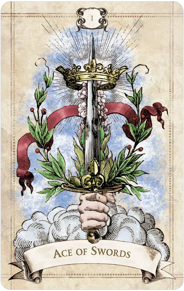 Ace of Swords card featuring a hand emerging from clouds holding a crowned sword with laurel branches and a red ribbon on a pale blue sky background