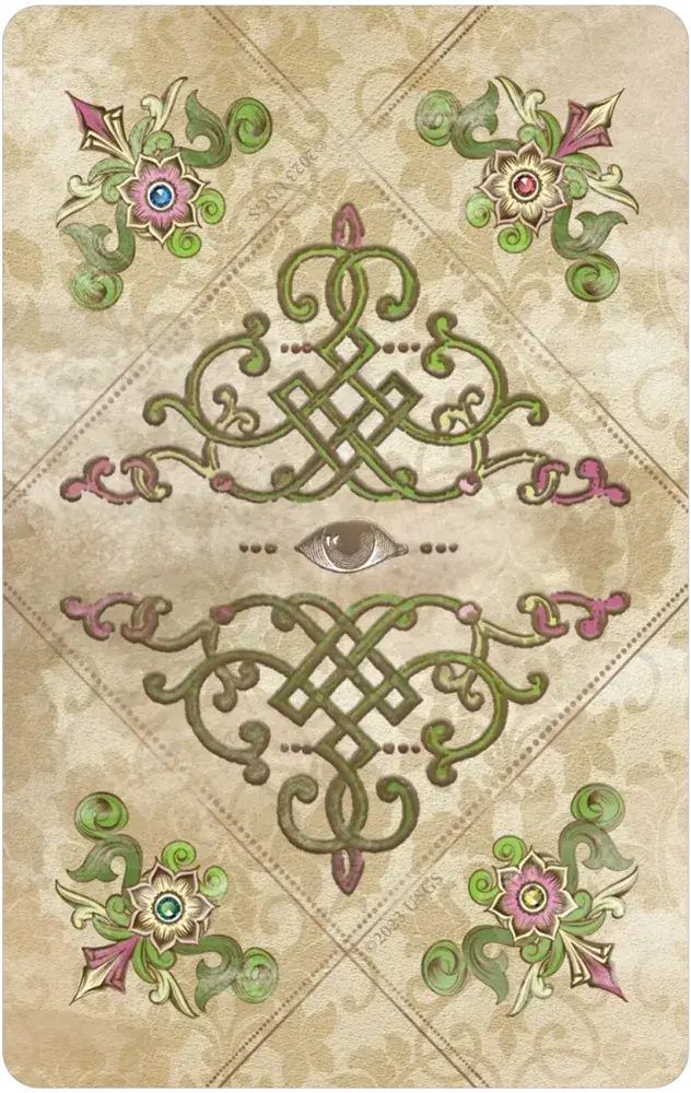 Old Style Tarot card back — aged parchment background with green Celtic endless knot, central all-seeing eye, and pink floral corner ornaments in a vintage symmetrical design