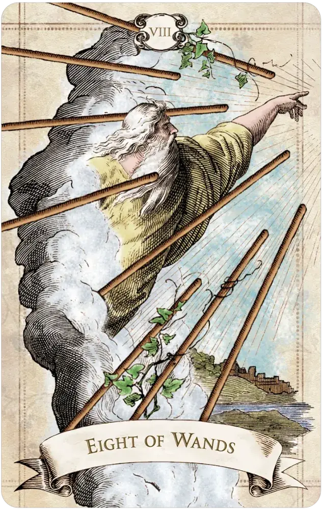 Old Style Tarot — Eight of Wands card featuring a white-bearded wizard emerging from a storm cloud directing eight ivy-leafed wands in flight toward a distant walled city