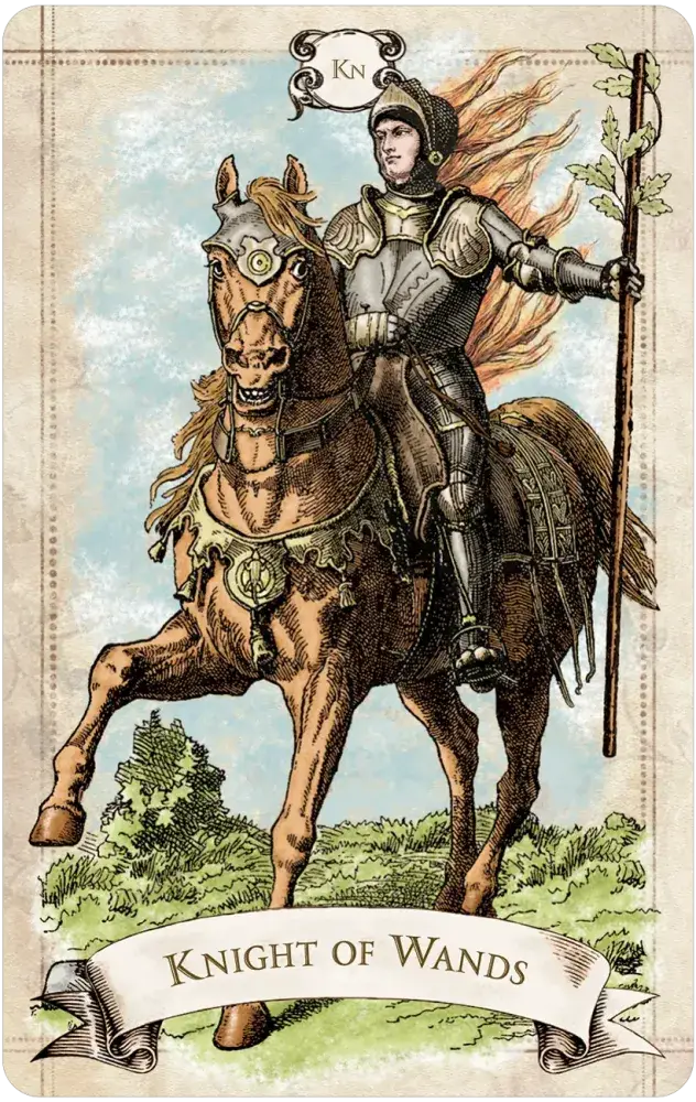 Old Style Tarot — Knight of Wands card featuring an armored knight on a rearing chestnut horse holding a leafy wand staff with flames billowing behind against a pale sky