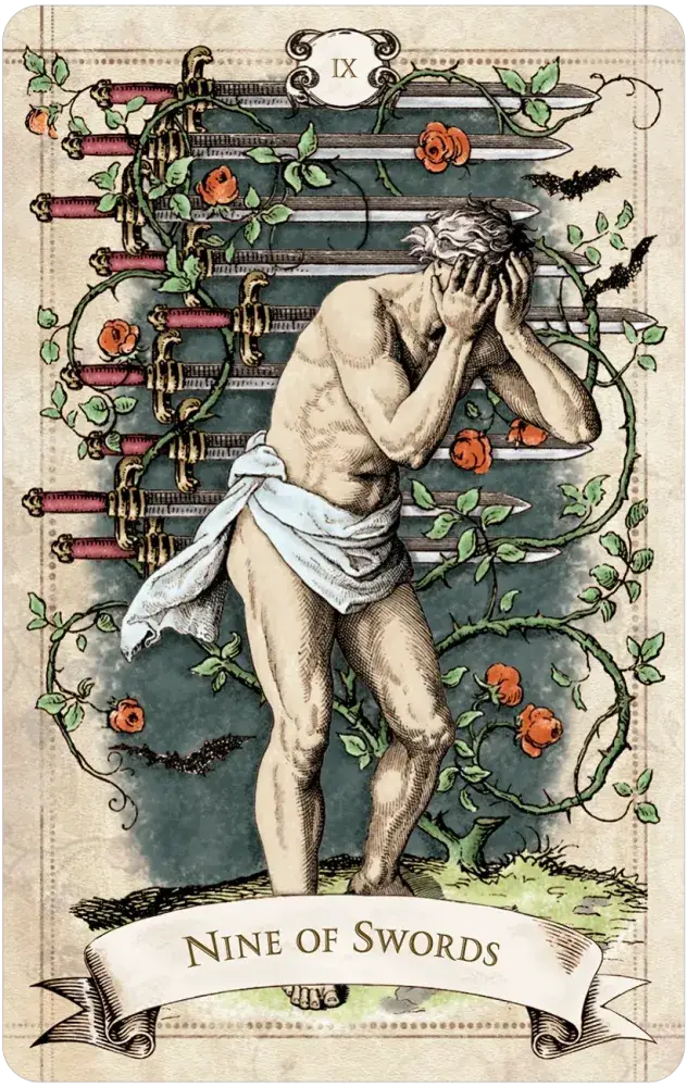 Old Style Tarot — Nine of Swords card featuring a grieving man with head in hands surrounded by nine swords entwined with rose vines and bats on a teal background