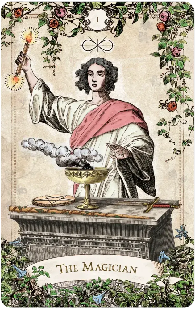 The Magician card featuring a robed figure at a stone altar holding a lit torch aloft with a smoking chalice, pentacle, and wand, framed by climbing roses and ivy