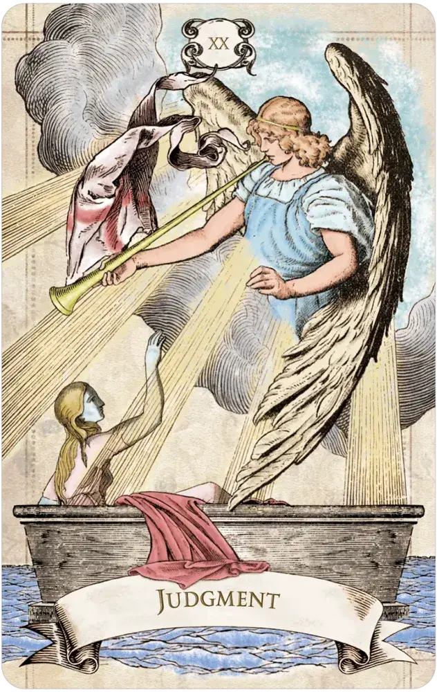 Old Style Tarot — XX Judgment card featuring a winged angel in blue robes blowing a golden trumpet over a kneeling figure rising from a stone tomb above dark waters