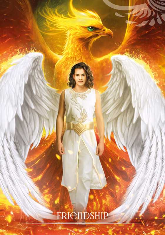 Friendship card from Oracle of the Phoenix, showing a white-clad figure with large white wings before a golden phoenix.