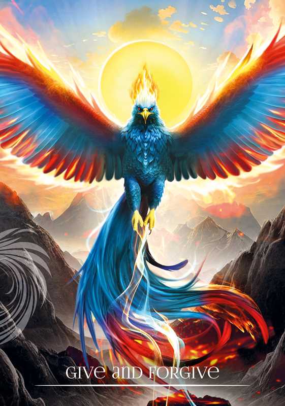 Give and Forgive card from Oracle of the Phoenix, featuring a blue phoenix with red-tipped wings spread before a glowing sun.