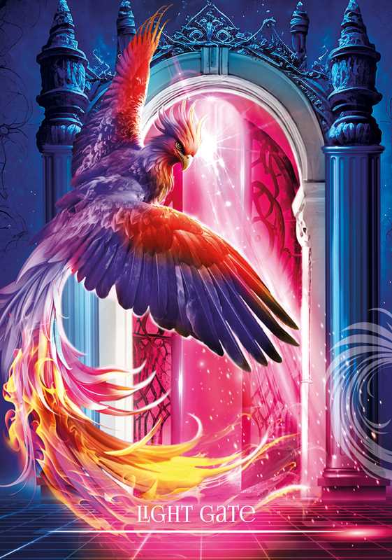  Light Gate card from Oracle of the Phoenix, showing a purple and orange phoenix flying before an ornate doorway glowing pink.