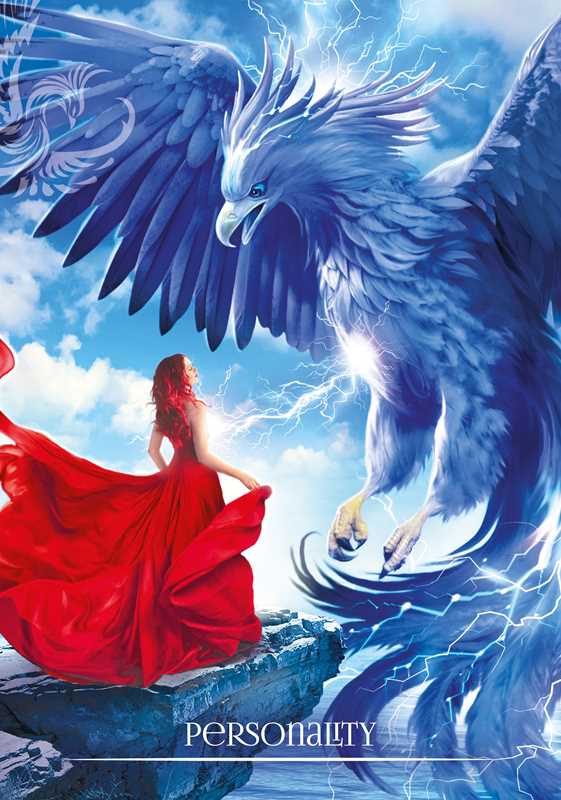 Personality card from Oracle of the Phoenix, depicting a woman in a flowing red dress facing a large blue phoenix amid lightning.