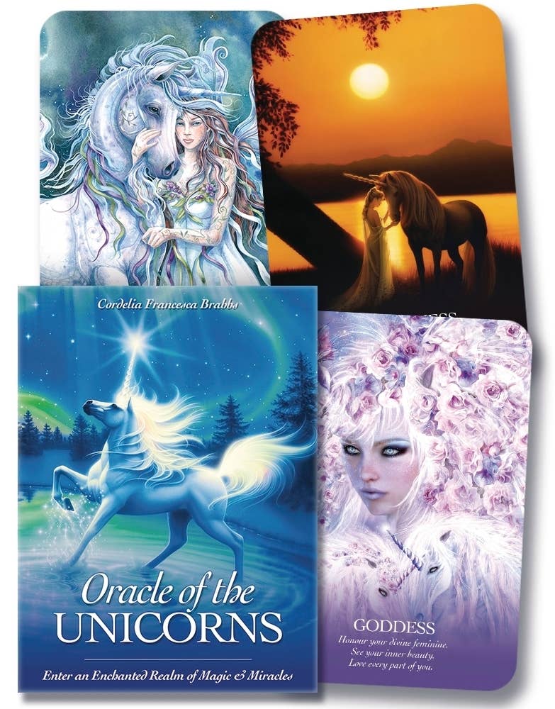 Oracle of the Unicorns 44-card magical oracle deck and boxed set with 84-page guidebook by Cordelia Francesca Brabbs, published by Blue Angel