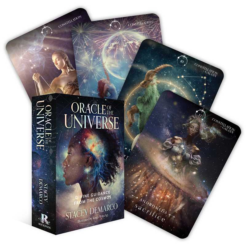 A box and several cards from the Oracle of the Universe deck, featuring mystical and cosmic imagery.
