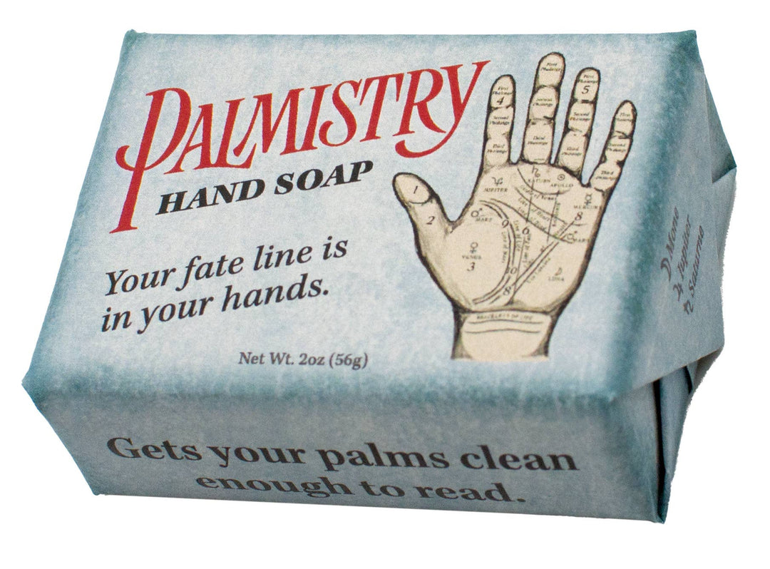 Palmistry hand soap bar in blue novelty packaging with palm reading diagram and fate line tagline on white background