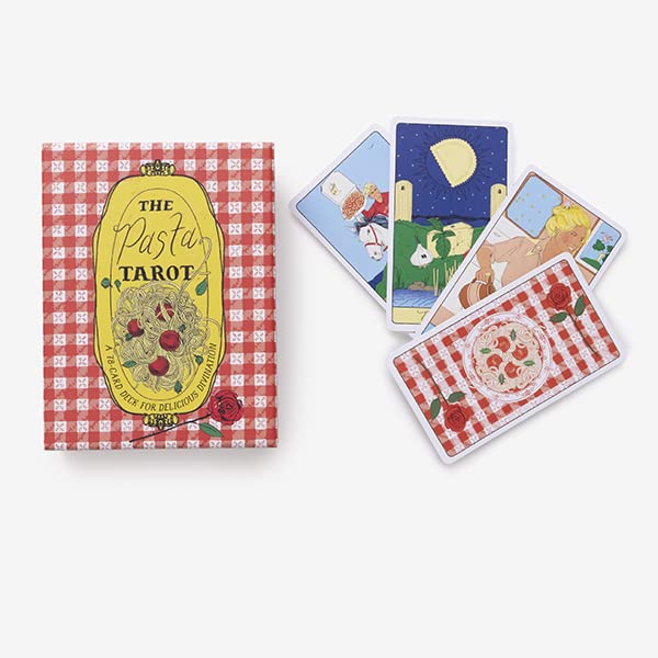 The Pasta Tarot box and cards spread — queer Italian American tarot deck featuring pasta suits, drag queens, and pop culture icons