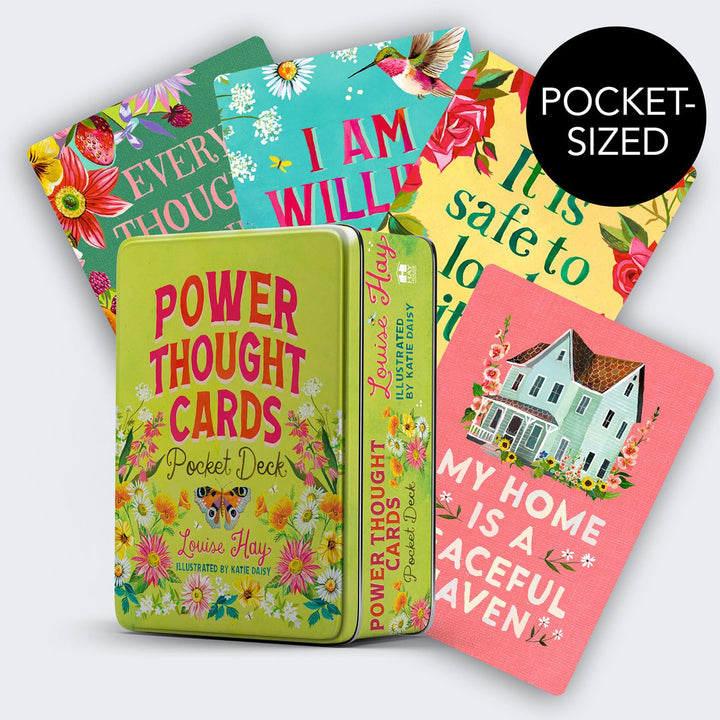 Power Thought Cards pocket tin and affirmation cards by Louise Hay — 64-card self-healing affirmation deck with artwork by Katie Daisy