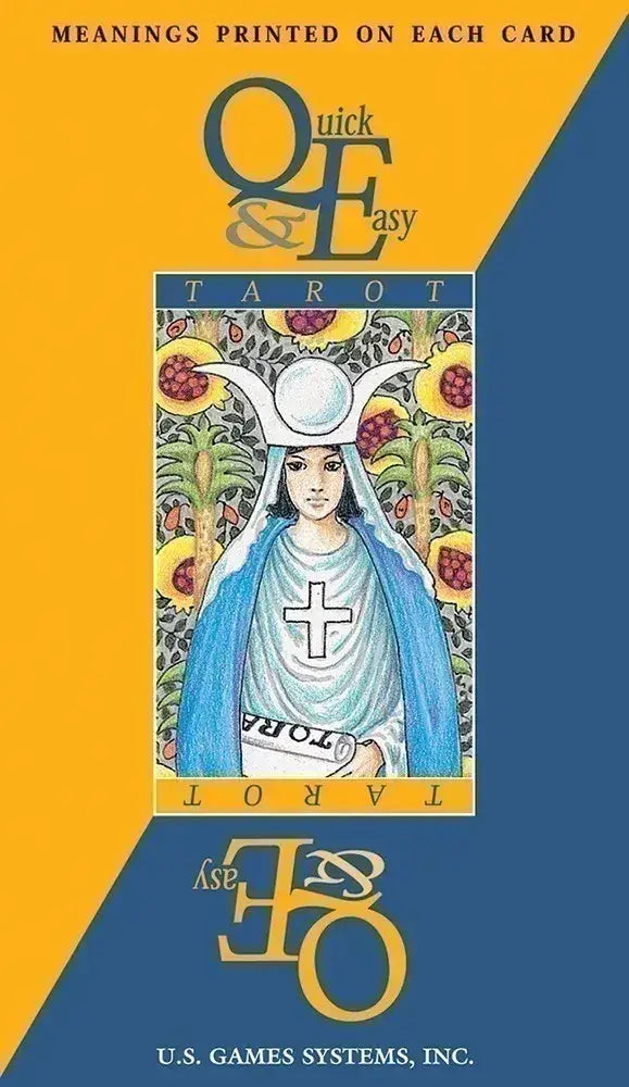 Quick &amp; Easy Tarot box cover — "Meanings Printed on Each Card" with High Priestess card image, gold and blue design by U.S. Games Systems