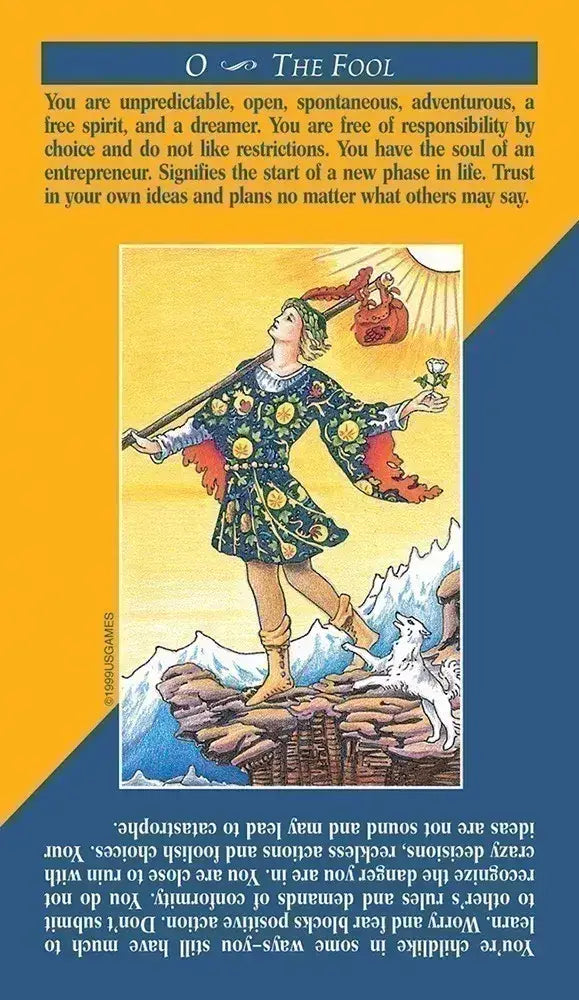 Quick & Easy Tarot — The Fool card (0) showing upright and reversed meanings printed on card with Rider-Waite artwork re-colored by Mary Hanson-Roberts
