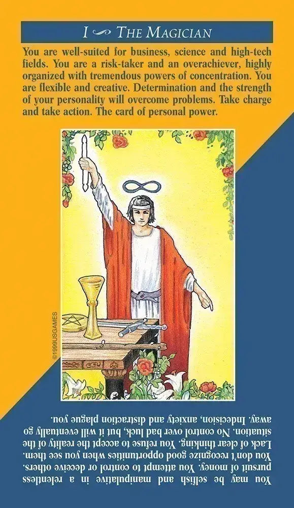 Quick &amp; Easy Tarot — The Magician card (I) showing upright and reversed meanings printed on card with Rider-Waite artwork re-colored by Mary Hanson-Roberts