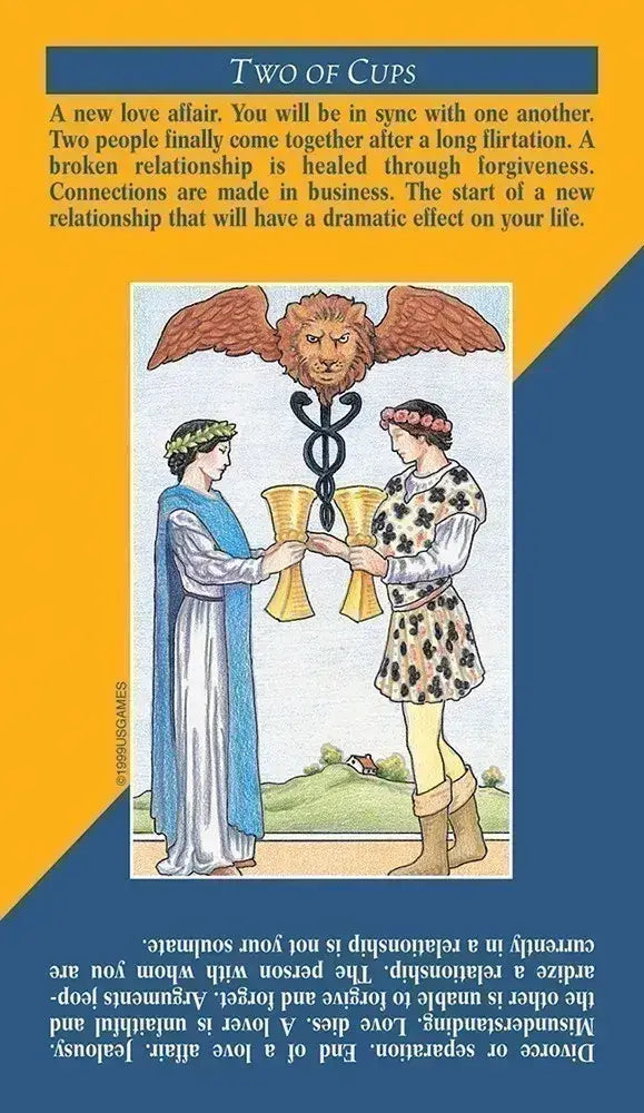 Quick &amp; Easy Tarot — Two of Cups card showing upright and reversed meanings printed on card with two figures exchanging chalices beneath a winged lion