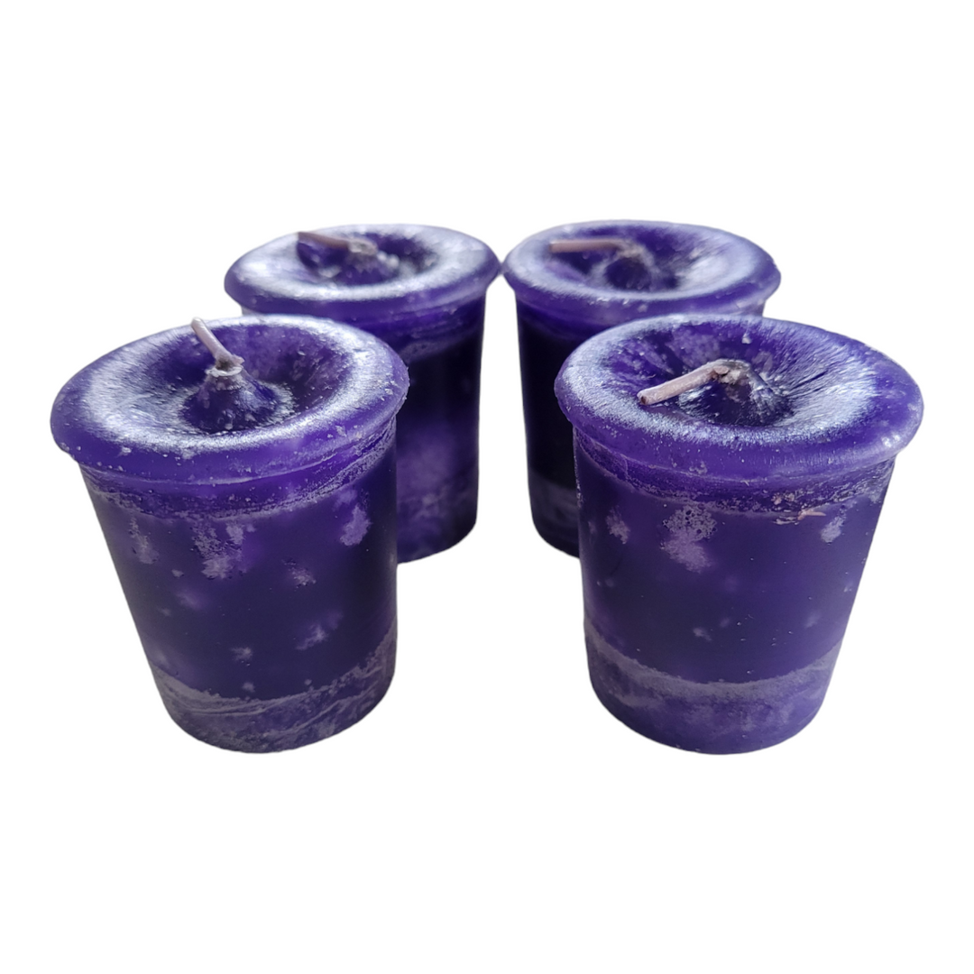 Set of 4 Reiki-charged dark purple Creativity votive candles with affirmation card, scented with plumeria, jasmine & sandalwood — Healing Winds Emporium