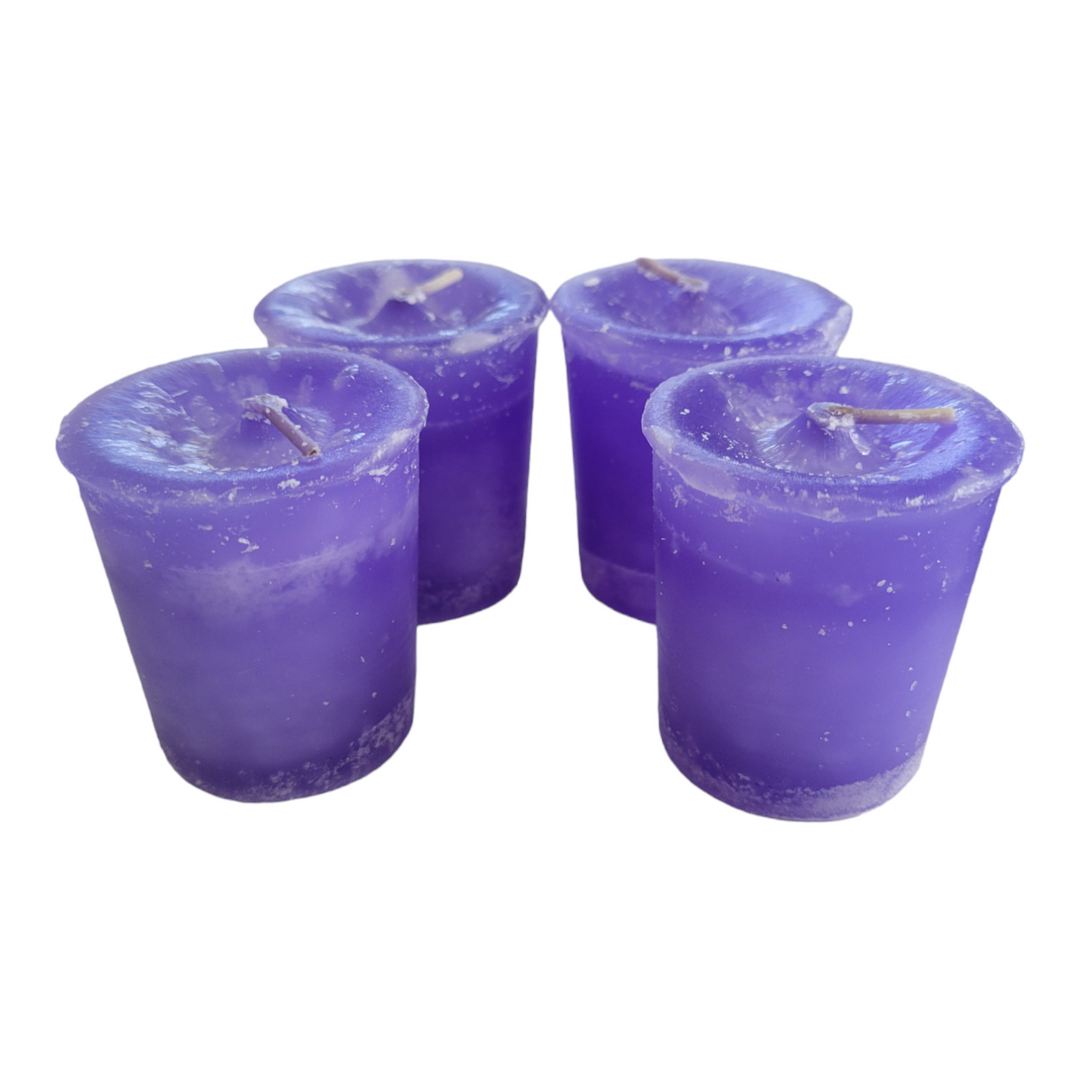 Set of 4 Reiki-charged light blue Harmony votive candles with affirmation card, scented with orange blossom, myrrh, rose &amp; dragon&