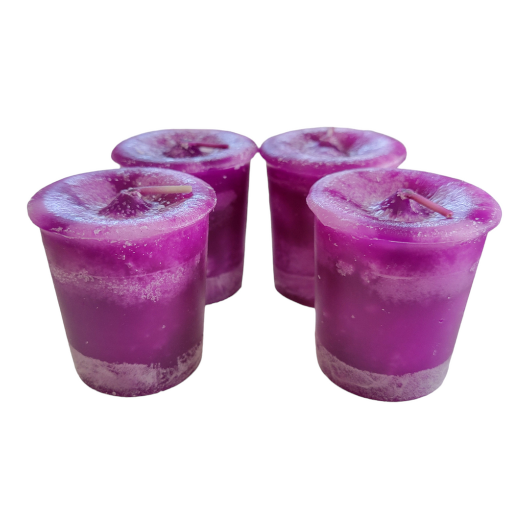 Set of 4 Reiki-charged purple Healing votive candles with affirmation card, scented with lemon balm, cedar, heather &amp; ocean — Healing Winds Emporium