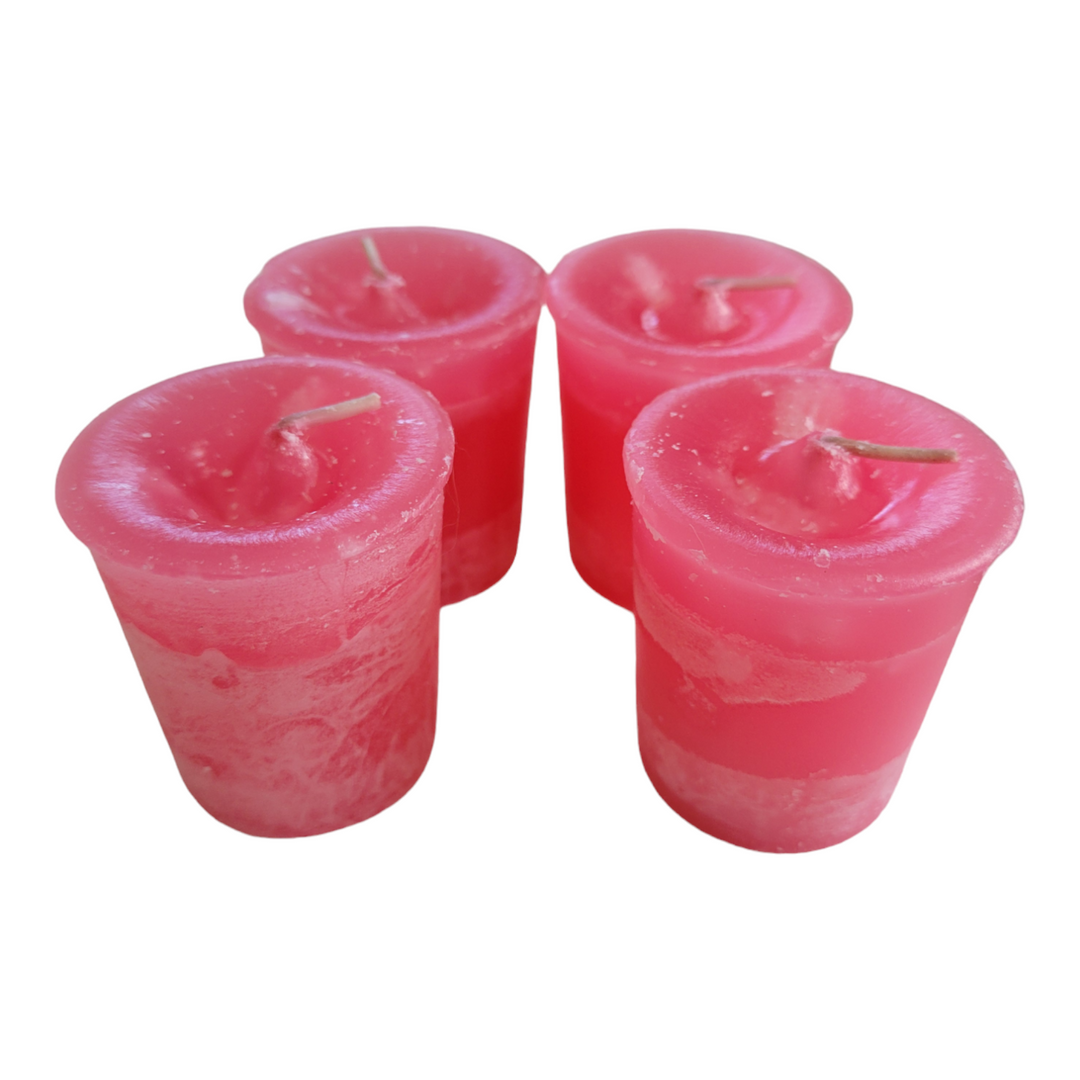 Set of 4 Reiki-charged pink Love votive candles with affirmation card, scented with patchouli, rose, clove, dragon&
