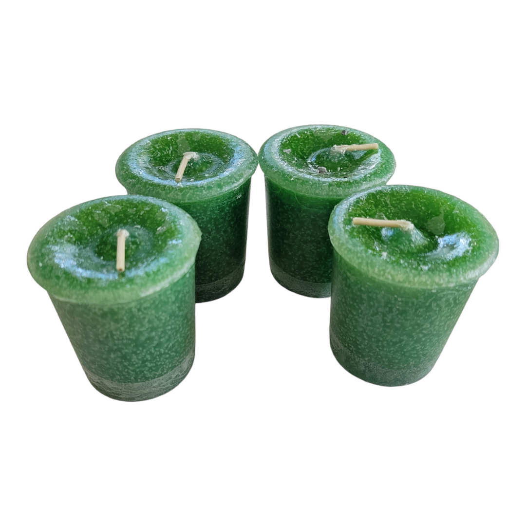 Set of 4 Reiki-charged green money votive candles with affirmation card, scented with cinnamon, clove, and myrrh — Healing Winds Emporium